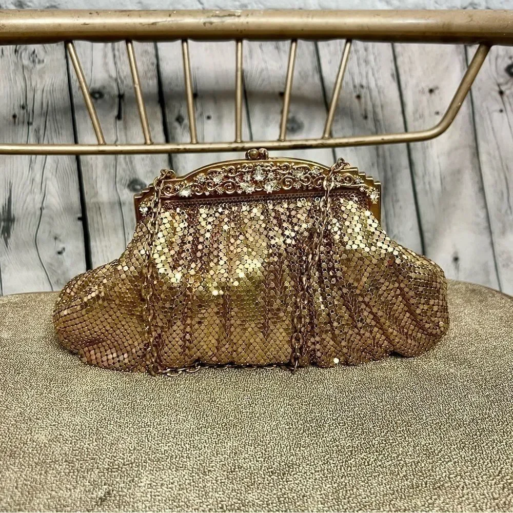 Vintage Whiting & Davis Gold Metal Mesh Rhinestone Kisslock Clutch 1940s/1950s